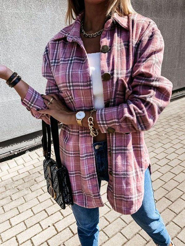 Blend Wool Brushed Plaid Pattern Shacket Collared Flannel Shirt Jacket on sale - SOUISEE
