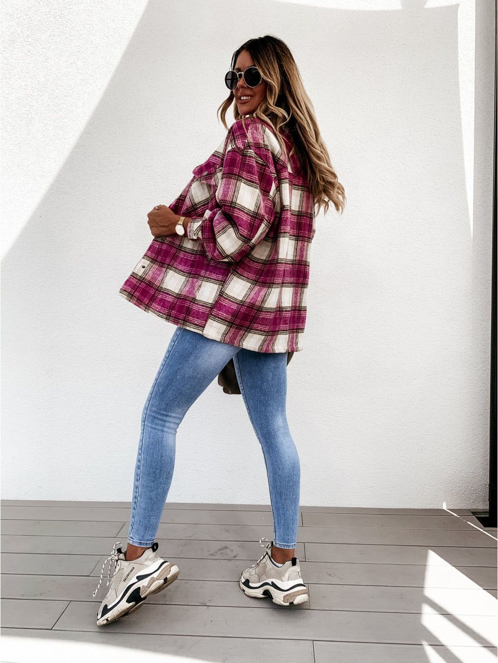 Blend Wool Brushed Plaid Pattern Shacket Collared Flannel Shirt Jacket on sale - SOUISEE