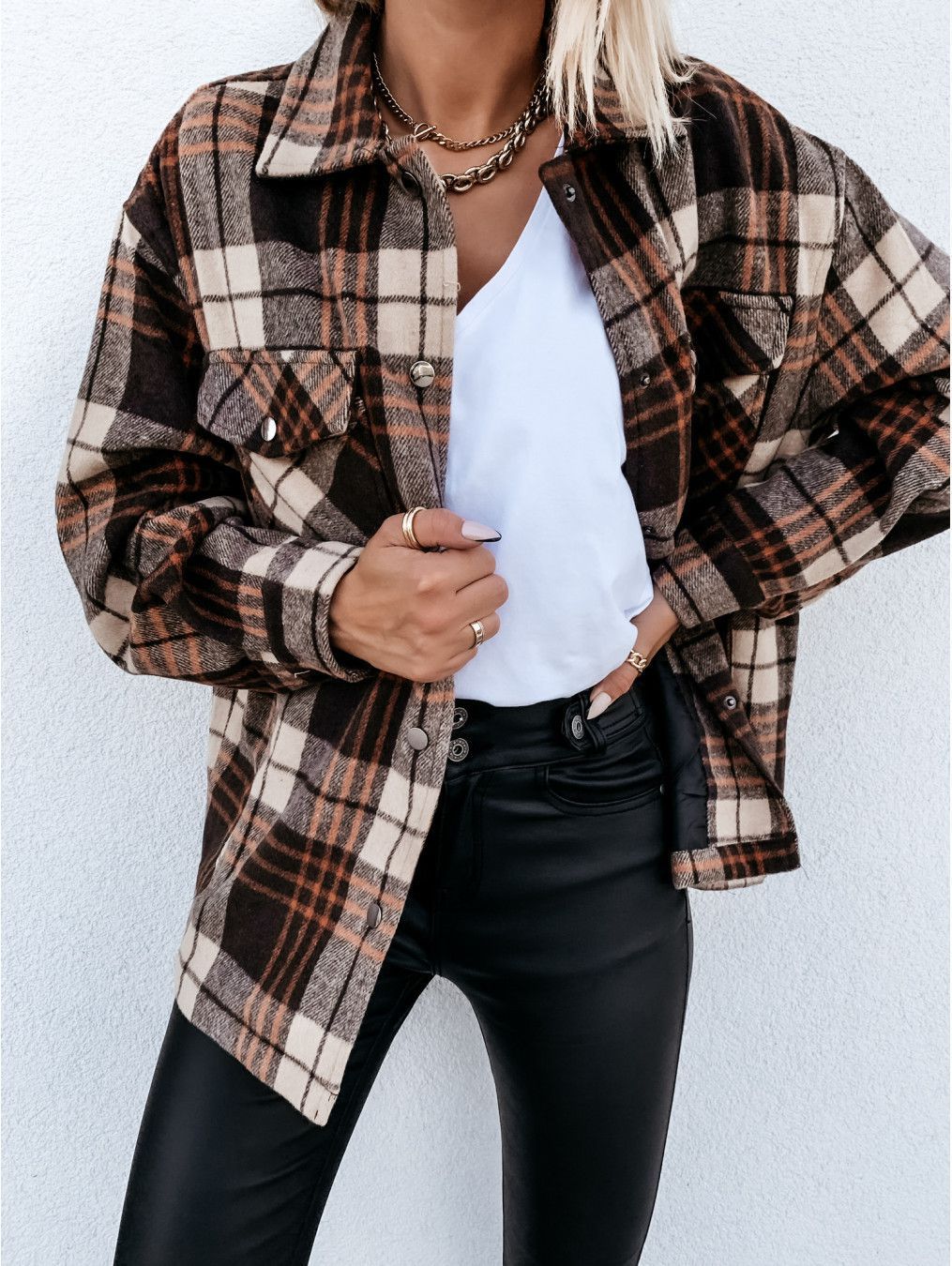 Blend Wool Brushed Plaid Pattern Shacket Collared Flannel Shirt Jacket on sale - SOUISEE