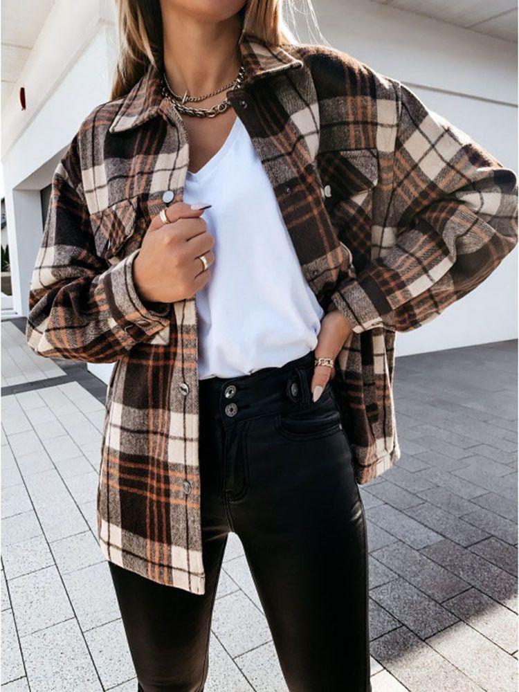 Blend Wool Brushed Plaid Pattern Shacket Collared Flannel Shirt Jacket on sale - SOUISEE