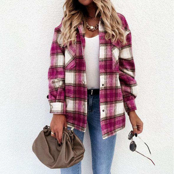 Blend Wool Brushed Plaid Pattern Shacket Collared Flannel Shirt Jacket on sale - SOUISEE