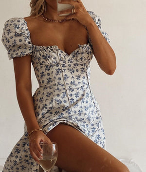 Boho Flower Garden Floral PUFF SLEEVE Square Neck Side Thigh Split Midi Dress on sale - SOUISEE