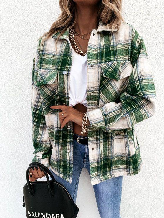 Blend Wool Brushed Plaid Pattern Shacket Collared Flannel Shirt Jacket on sale - SOUISEE