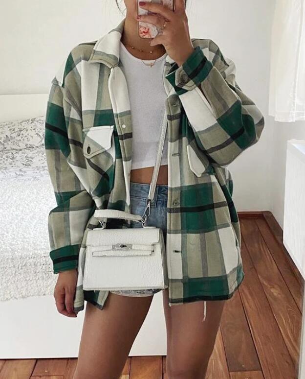 Blend Wool Brushed Plaid Pattern Shacket Collared Flannel Shirt Jacket on sale - SOUISEE