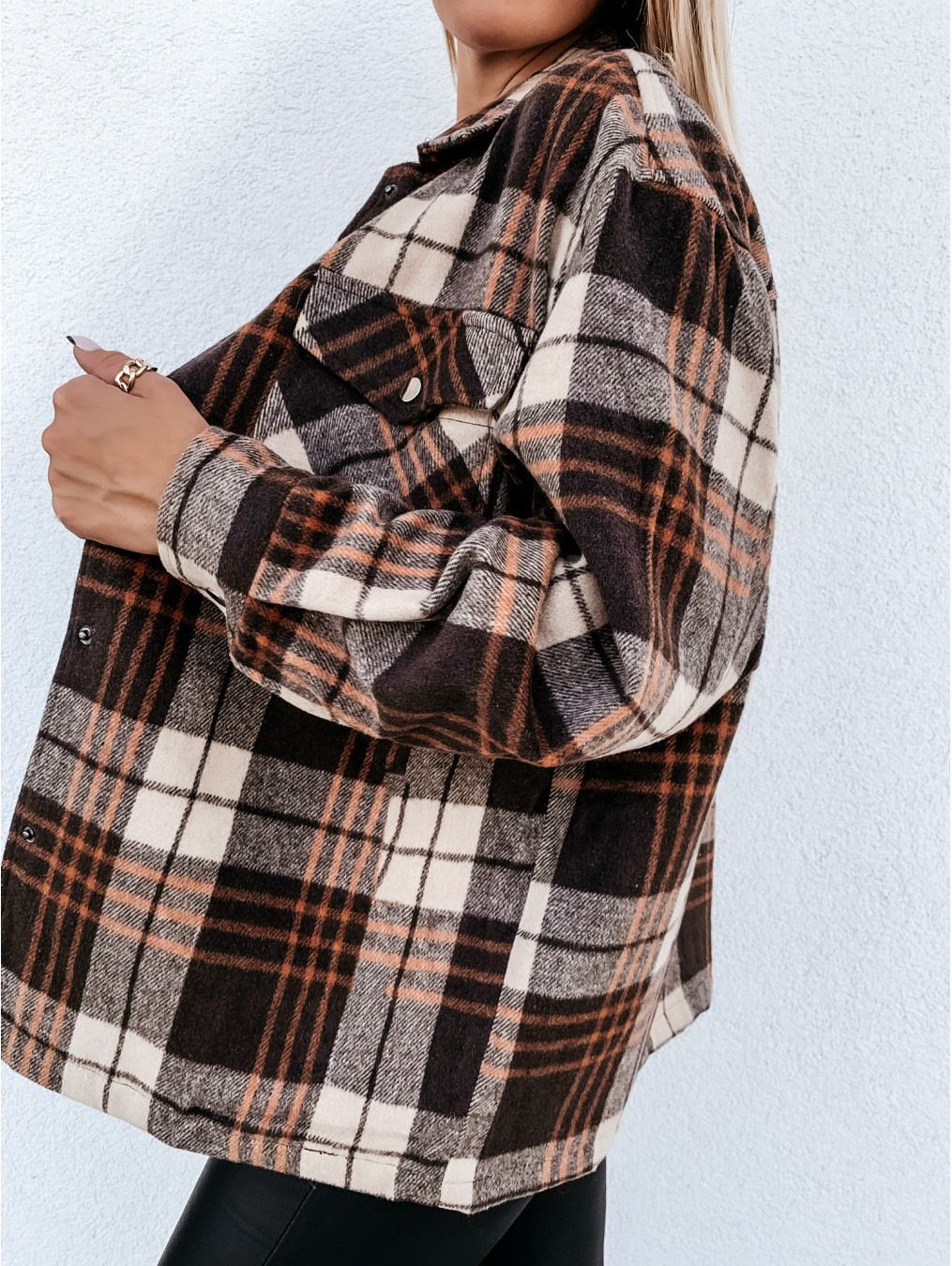 Blend Wool Brushed Plaid Pattern Shacket Collared Flannel Shirt Jacket on sale - SOUISEE