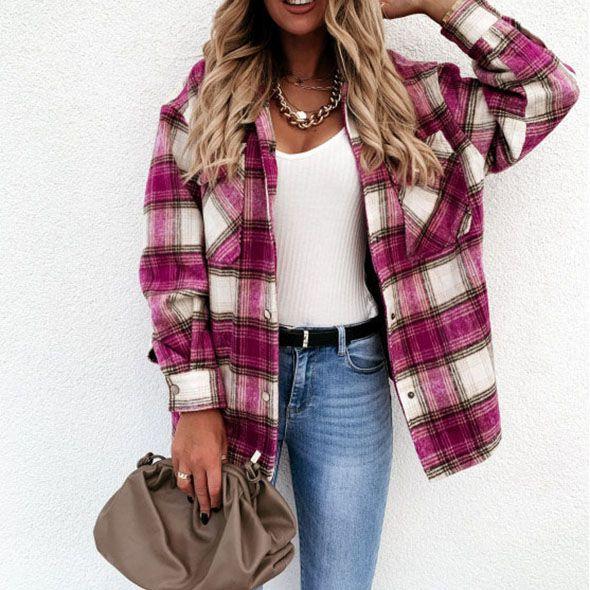 Blend Wool Brushed Plaid Pattern Shacket Collared Flannel Shirt Jacket on sale - SOUISEE