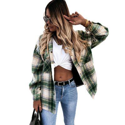Blend Wool Brushed Plaid Pattern Shacket Collared Flannel Shirt Jacket on sale - SOUISEE