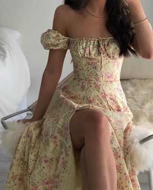Boho Flower Garden Floral PUFF SLEEVE Square Neck Side Thigh Split Midi Dress on sale - SOUISEE