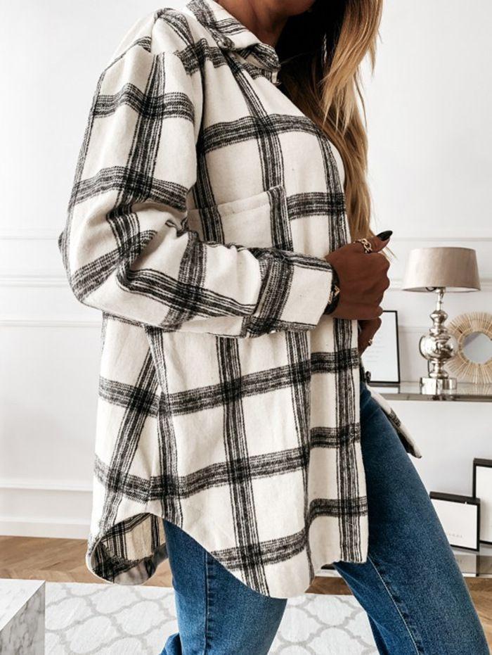 Blend Wool Brushed Plaid Pattern Shacket Collared Flannel Shirt Jacket on sale - SOUISEE