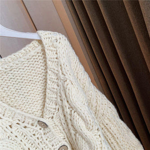 Hand Knitted Braid Chunky Cable Knit V Neck Button Crop Cardigan Sweater