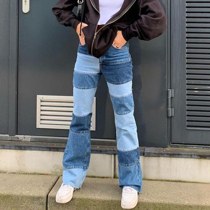 Slim Fit Stitched Color Block Straight Leg Jeans Ripped Denim Trousers on sale - SOUISEE