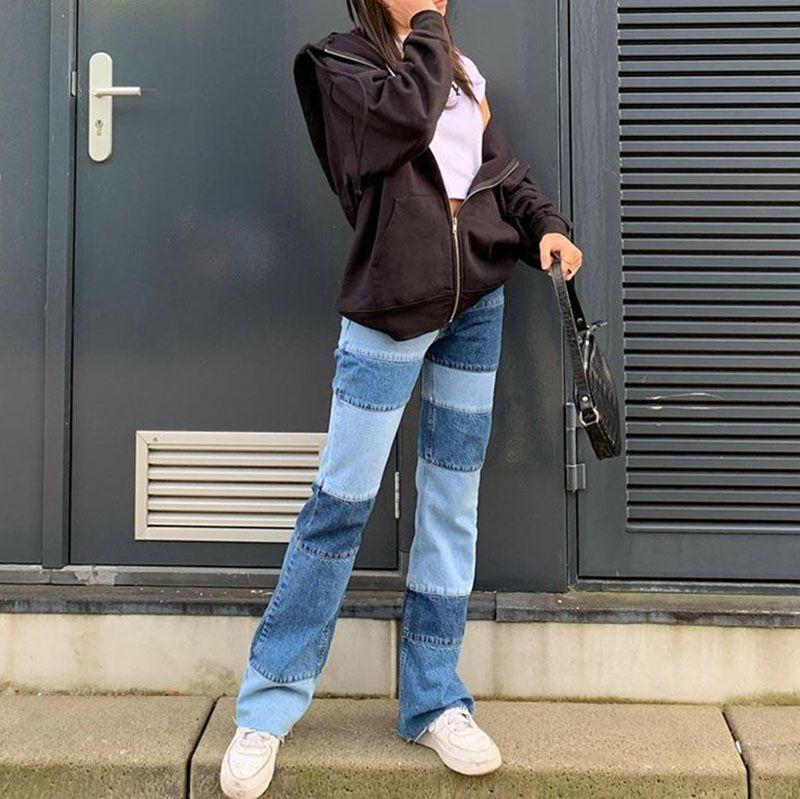 Slim Fit Stitched Color Block Straight Leg Jeans Ripped Denim Trousers on sale - SOUISEE