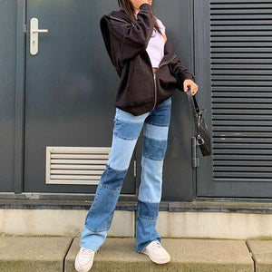 Slim Fit Stitched Color Block Straight Leg Jeans Ripped Denim Trousers on sale - SOUISEE