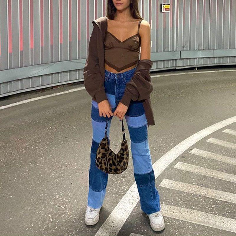 Slim Fit Stitched Color Block Straight Leg Jeans Ripped Denim Trousers on sale - SOUISEE