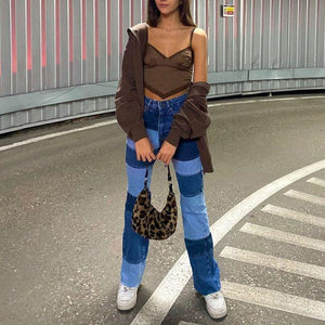 Slim Fit Stitched Color Block Straight Leg Jeans Ripped Denim Trousers on sale - SOUISEE