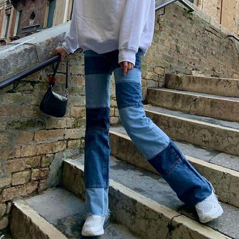 Slim Fit Stitched Color Block Straight Leg Jeans Ripped Denim Trousers on sale - SOUISEE