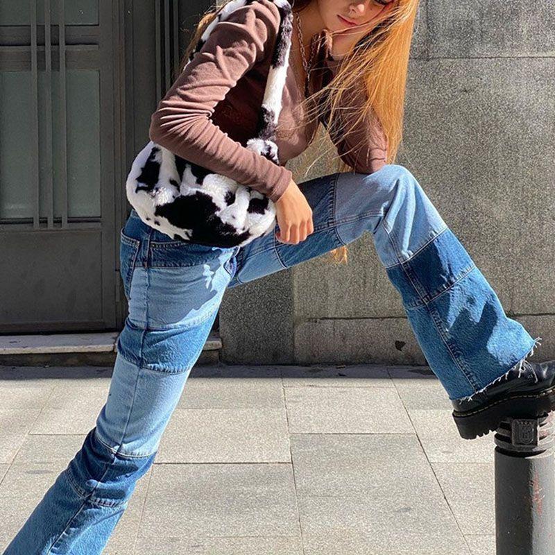 Slim Fit Stitched Color Block Straight Leg Jeans Ripped Denim Trousers on sale - SOUISEE