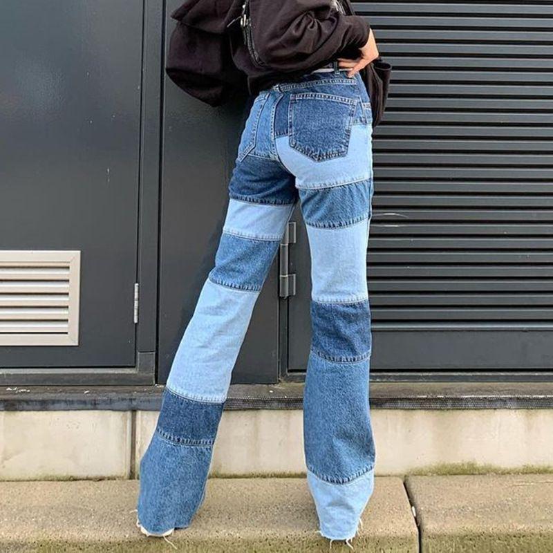 Slim Fit Stitched Color Block Straight Leg Jeans Ripped Denim Trousers on sale - SOUISEE