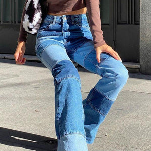 Slim Fit Stitched Color Block Straight Leg Jeans Ripped Denim Trousers on sale - SOUISEE