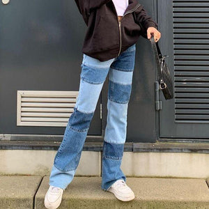 Slim Fit Stitched Color Block Straight Leg Jeans Ripped Denim Trousers on sale - SOUISEE