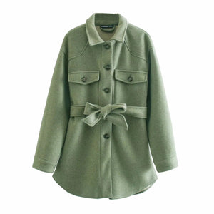 Oversized Workwear Utility Blend Wool Shacket Overshirt with Waist Tie Shirt Jacket on sale - SOUISEE