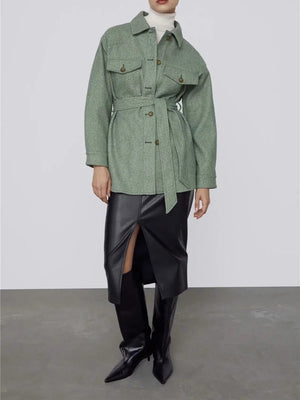 Oversized Workwear Utility Blend Wool Shacket Overshirt with Waist Tie Shirt Jacket on sale - SOUISEE