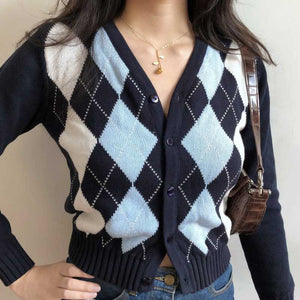 Classic Retro Color block Argyle Print Button Down Sweaters on sale - SOUISEE