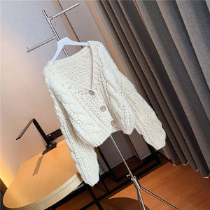 Hand Knitted Braid Chunky Cable Knit V Neck Button Crop Cardigan Sweater on sale - SOUISEE