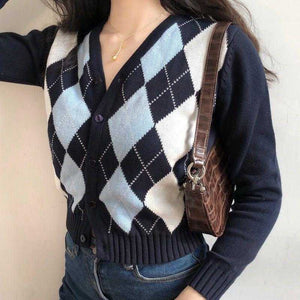 Classic Retro Color block Argyle Print Button Down Sweaters on sale - SOUISEE