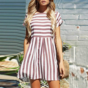 Slimming High Waisted Striped Short Sleeve Swing Dress on sale - SOUISEE