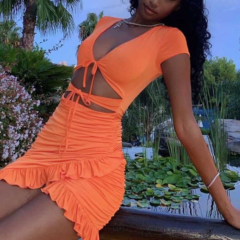 Short Sleeve Cut Out Criss Cross Tie Front Dress With Ruffles At Bottom on sale - SOUISEE