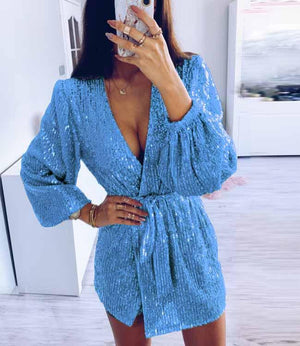 Glitter Deep V Neck Tie Waist Long Sleeve Sparkly Dress on sale - SOUISEE
