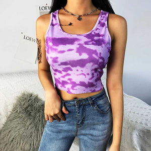 Popular Ribbed U Neck Bleach Tie Dye Cropped Tank Tops Sleeveless on sale - SOUISEE
