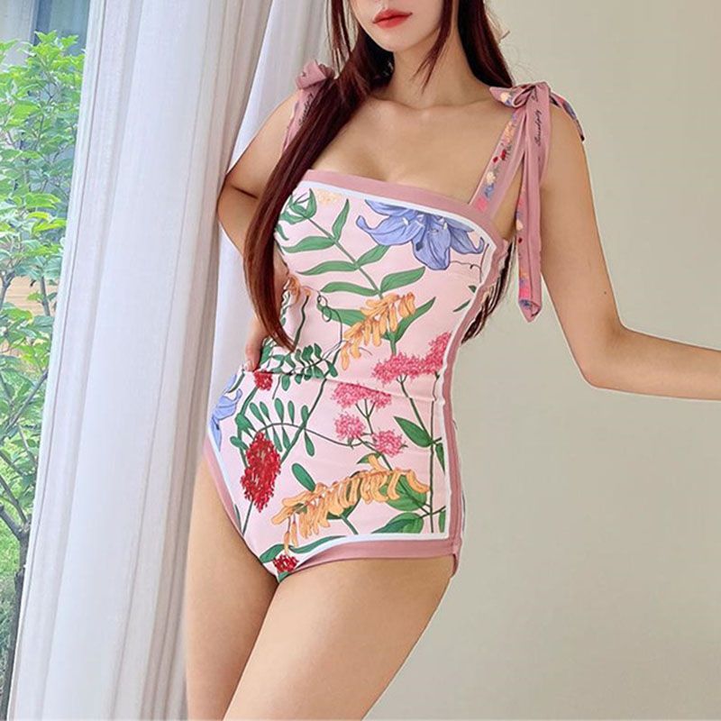 Reversible Tie Up Floral One Piece Swimsuits With Tummy Control Long Torso Bathing Suits