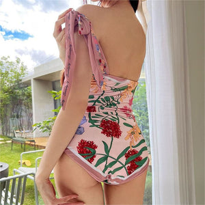 Reversible Tie Up Floral One Piece Swimsuits With Tummy Control Long Torso Bathing Suits