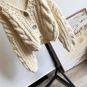 Hand Knitted Braid Chunky Cable Knit V Neck Button Crop Cardigan Sweater on sale - SOUISEE