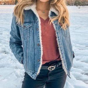 Oversized Fleece Fur Lined Denim Jacket with fur on sale - SOUISEE