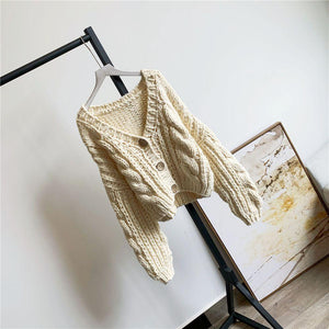 Hand Knitted Braid Chunky Cable Knit V Neck Button Crop Cardigan Sweater on sale - SOUISEE