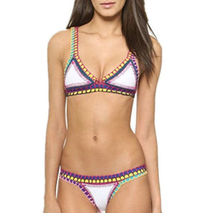 Rainbow Bohemian Trim Crochet Bathing Suit Swimsuit Sets