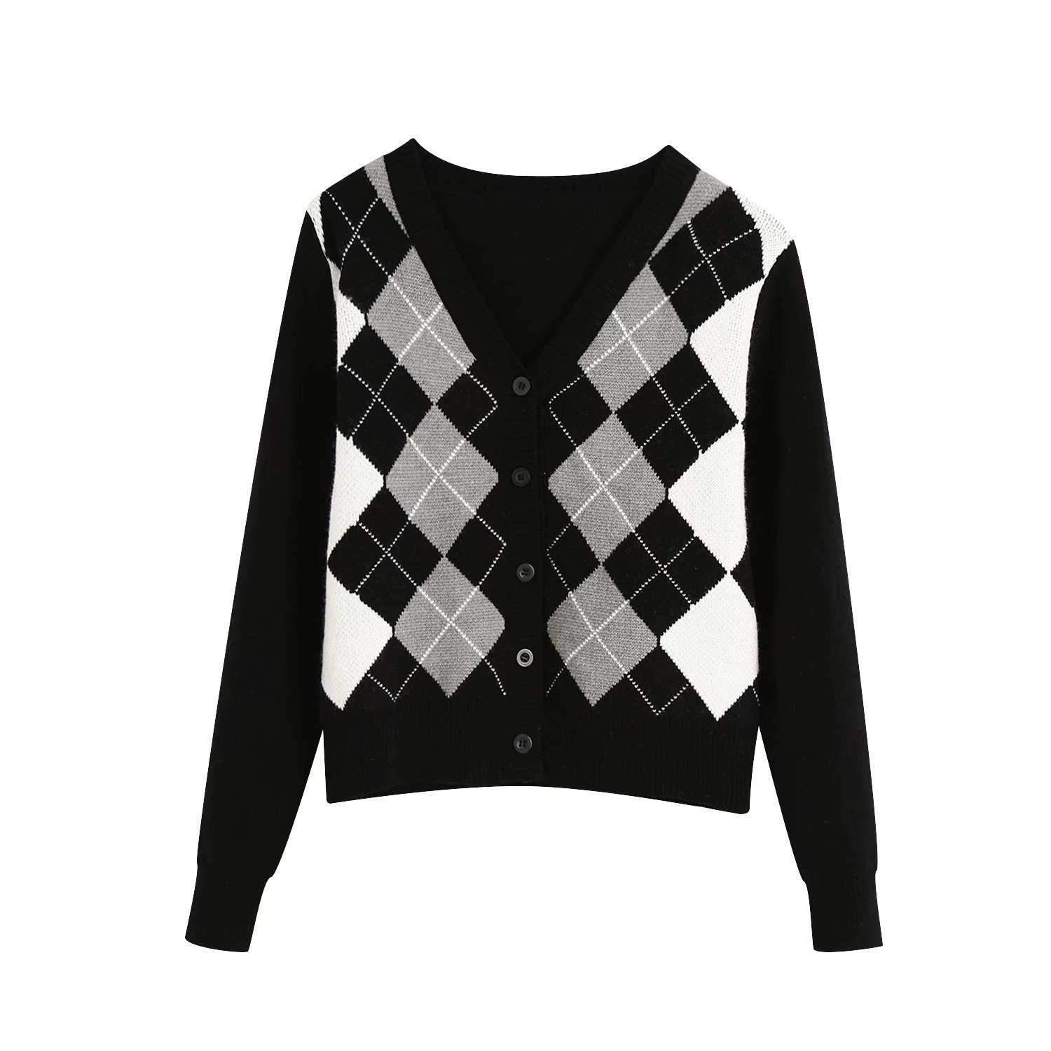 Classic Retro Color block Argyle Print Button Down Sweaters on sale - SOUISEE