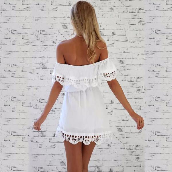 Lace Trimed Off The Shoulder White Mini-Dress Flowy on sale - SOUISEE