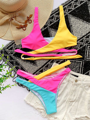 Multiway Rainbow Colorblock Criss Cross Lace Up Tie Wrap Bikini