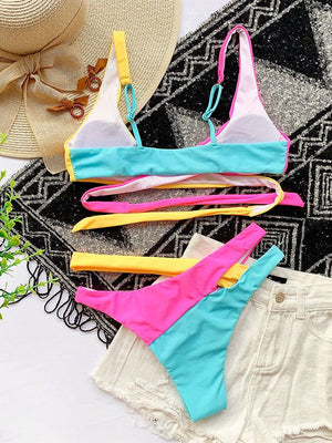 Multiway Rainbow Colorblock Criss Cross Lace Up Tie Wrap Bikini
