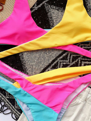 Multiway Rainbow Colorblock Criss Cross Lace Up Tie Wrap Bikini