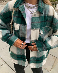 Classic Thick Colorblock Checked Button Down Woolen Shirt Jacket on sale - SOUISEE