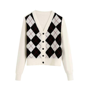 Classic Retro Color block Argyle Print Button Down Sweaters on sale - SOUISEE