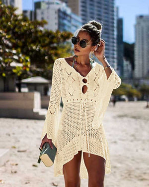 Boho High Low Puff Sleeve Crochet Beach Dress Swim Cover Ups on sale - SOUISEE