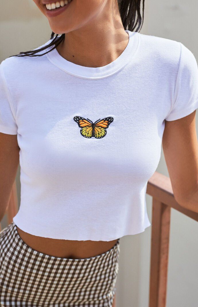Butterfly Embroidered Ribbed Cotton Workout Tank Crop Top on sale - SOUISEE