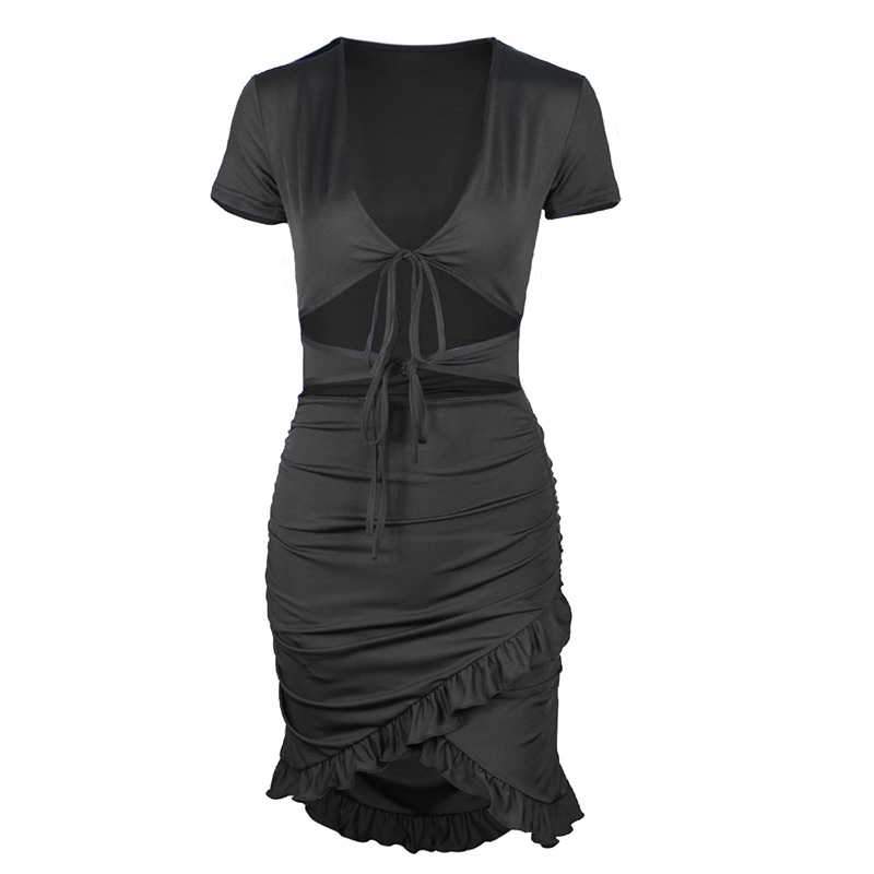 Short Sleeve Cut Out Criss Cross Tie Front Dress With Ruffles At Bottom on sale - SOUISEE
