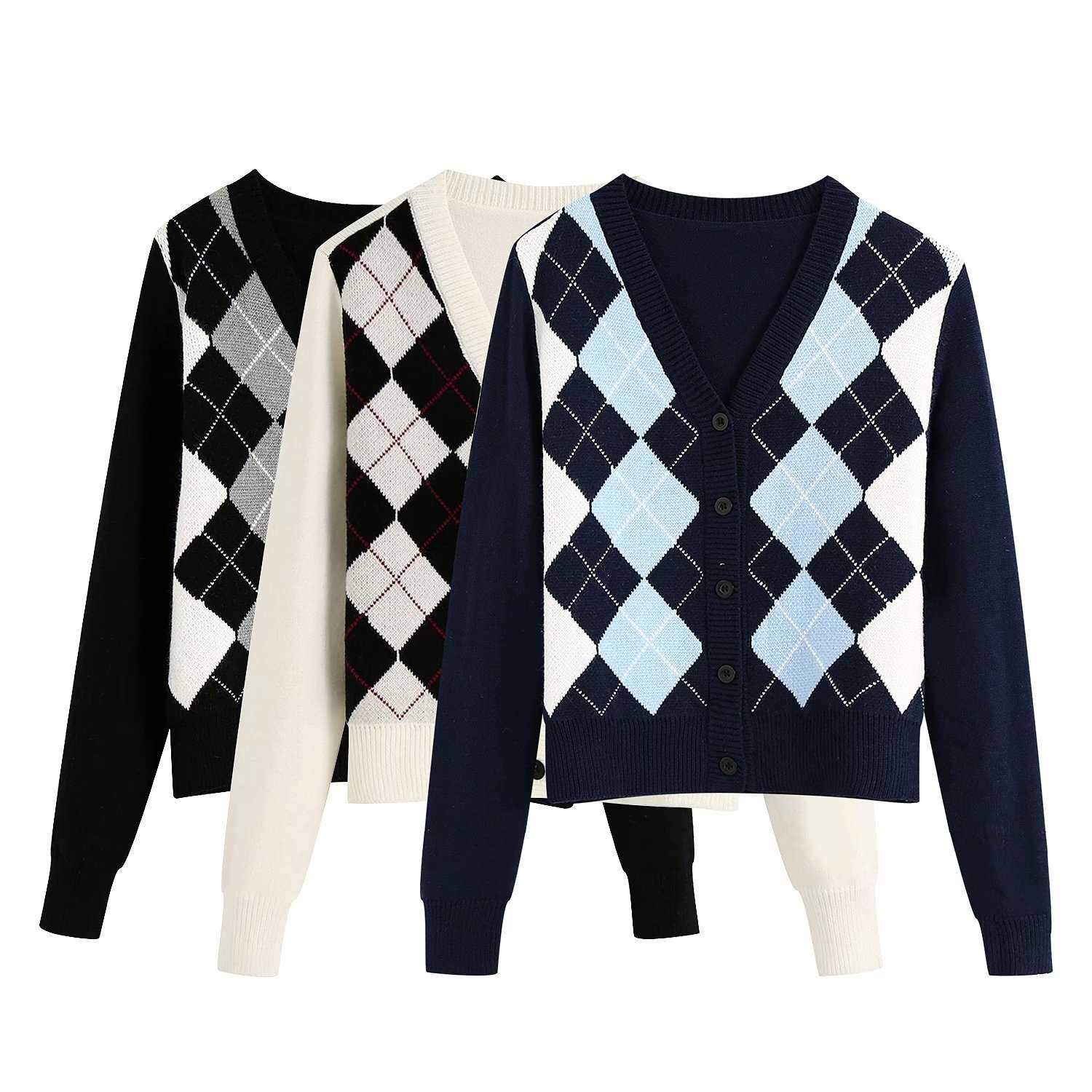 Classic Retro Color block Argyle Print Button Down Sweaters on sale - SOUISEE